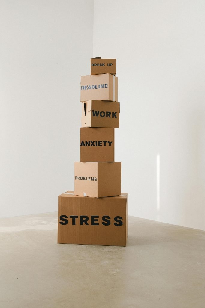 Stack of boxes with labels