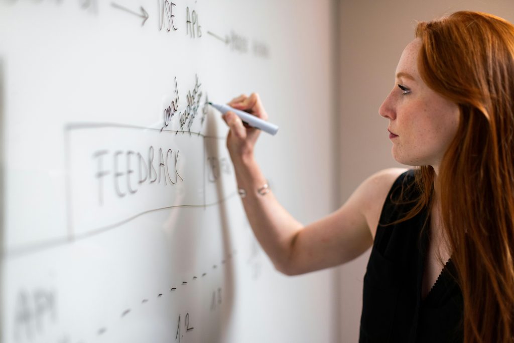 Woman writing on a whiteboard